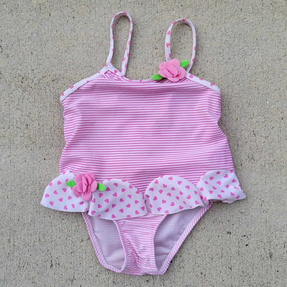 🛒 3/$20 Girls Circo Pink & White Stripe and Heart Swimsuit Size 3T